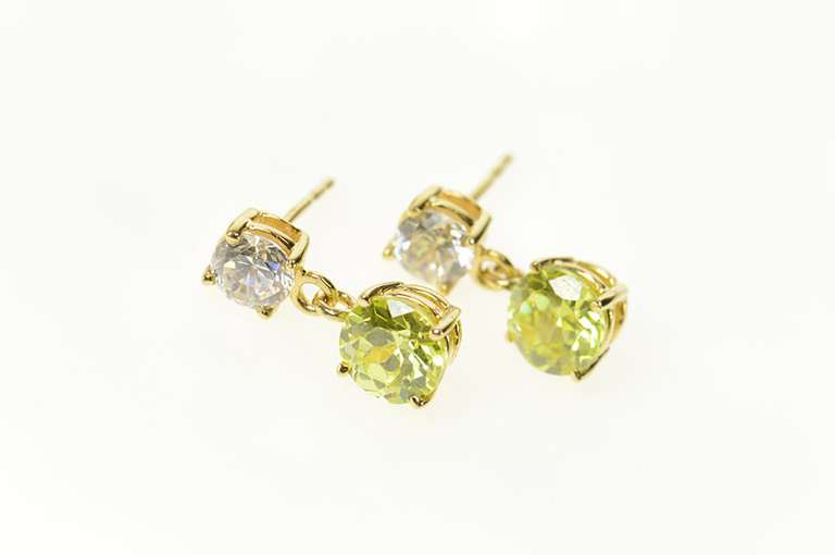 14K Yellow Gold Round Dangle White & Green CZ Stud Earrings