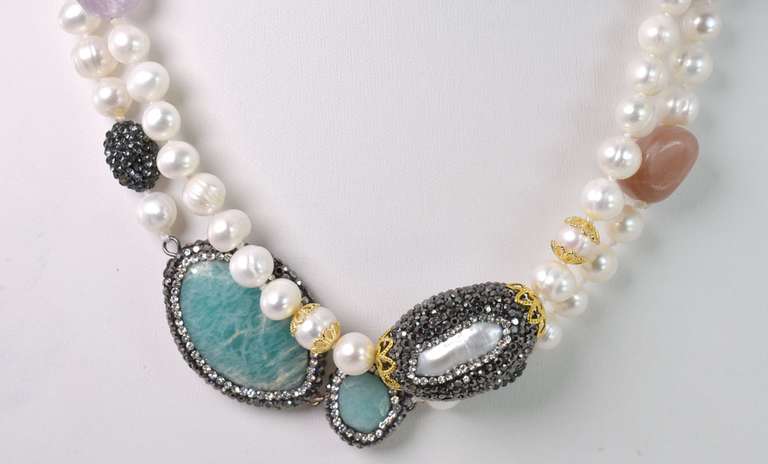 Decadent Pearl Necklace with Crystalized Turquoise, Mother of Pearl & Colorful Gemstones