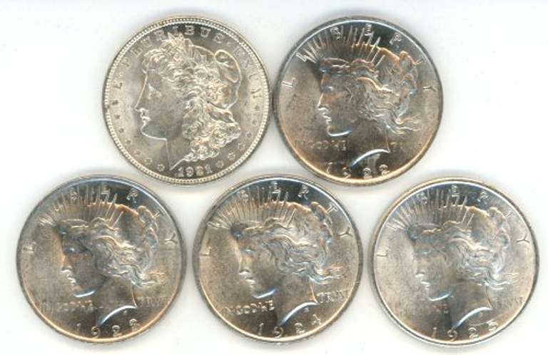 5 Choice BU 1921 to 1925 US Silver Dollars. Nice