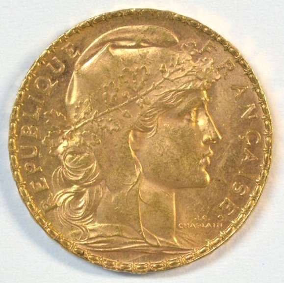 Gem BU 1909 France 20 Francs Gold 'Rooster' coin