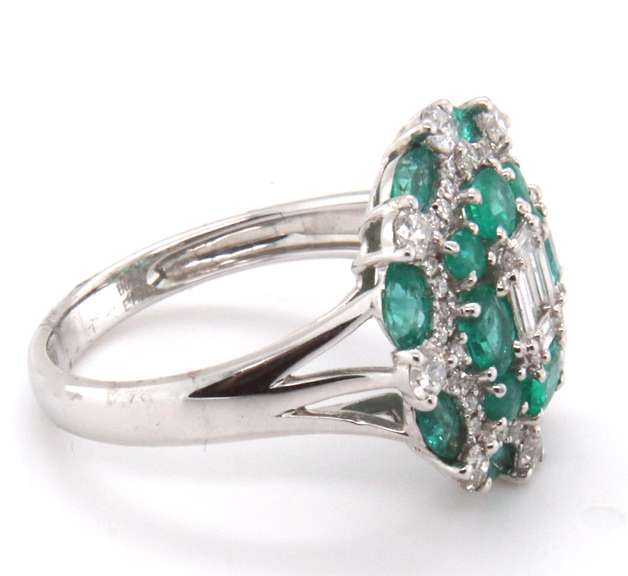 Intricate 18k Stamped White Gold Emerald and Diamond Ring