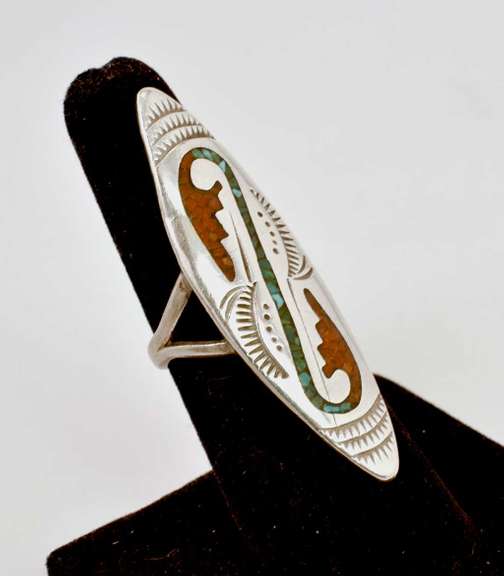 Jonnie Frank Navajo Native American Sterling Silver Ring With Turquoise And Coral.