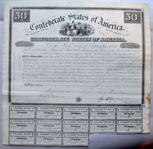 $ 50 Sept 1st 1871  Series Confederate States of America Bond