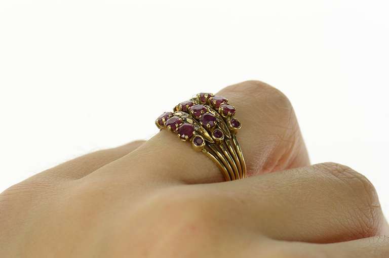 14K Yellow Gold Victorian Ruby Diamond Tiered Wavy Band Ring
