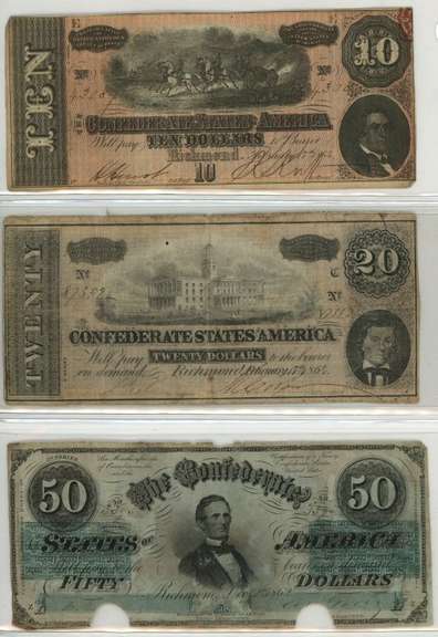 3 Diff. 1864 Confederate States of American Notes