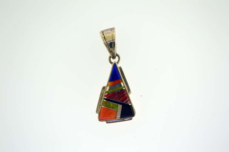 Sterling Silver Signed A. Lewis Inlay Mixed Gemstone Pendant