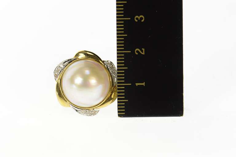 14K Yellow Gold Ornate Pearl Diamond Swirl Halo Cocktail Ring