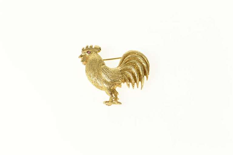 14K Yellow Gold Ruby Eyed Rooster Chicken Farm Animal Pin/Brooch