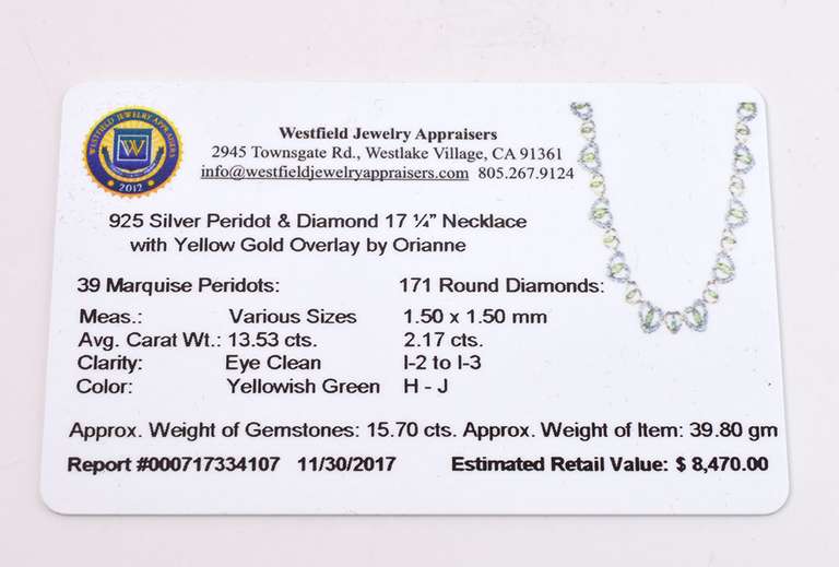 Darling Heart Design Necklace with 13.53CTW Marquise Cut Peridot Gemstones with 2.17CTW Accenting Diamonds