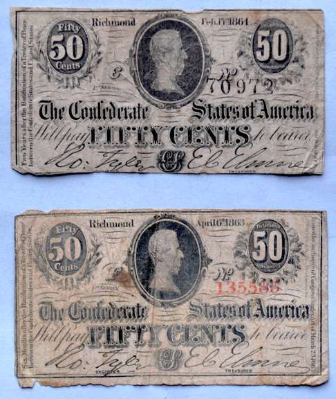 2 Circulated April 6 1863 CSA 50 Cent Notes