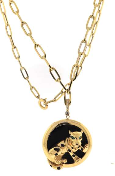 Intoxicating Handmade Italian 14k Gold Cable Chain Necklace with Pop Out Spotted Panther again Black Onyx