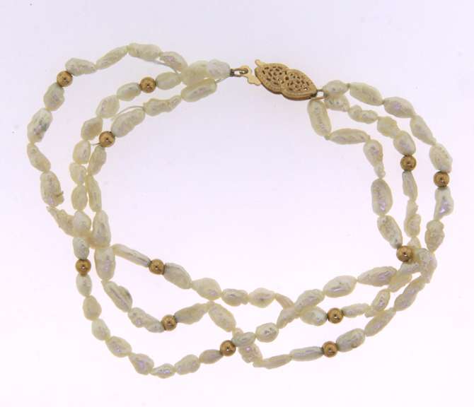 Ladies 14kt Gold Multi-Row Pearl Bracelet