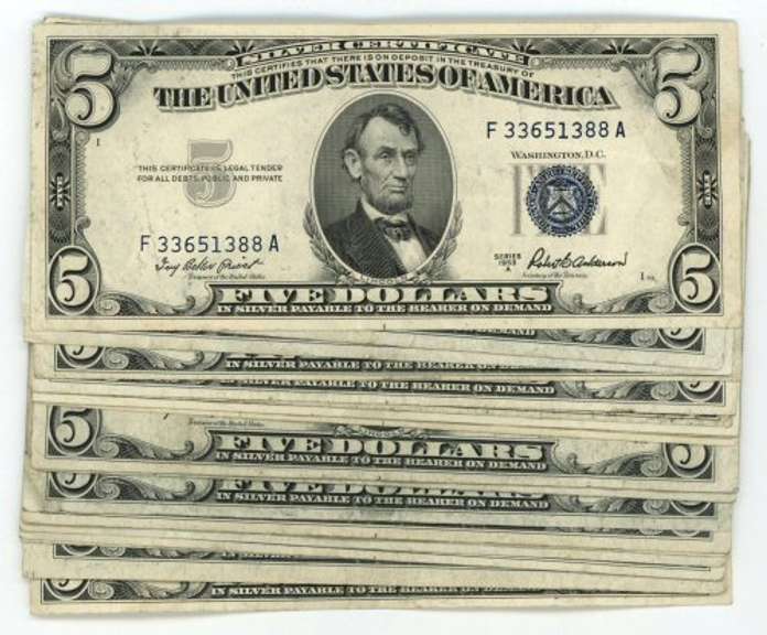 10 Nicer Series of 1953 $5 Blue Seal Silver Certificates