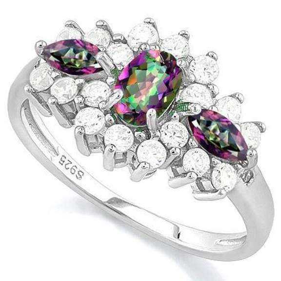 2/3 CT MYSTIC GEMSTONE & 1.17 CT LAB CREATED DIAMOND 925 STERLING SILVER RING