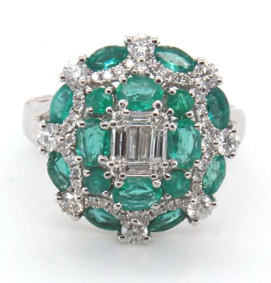 Intricate 18k Stamped White Gold Emerald and Diamond Ring