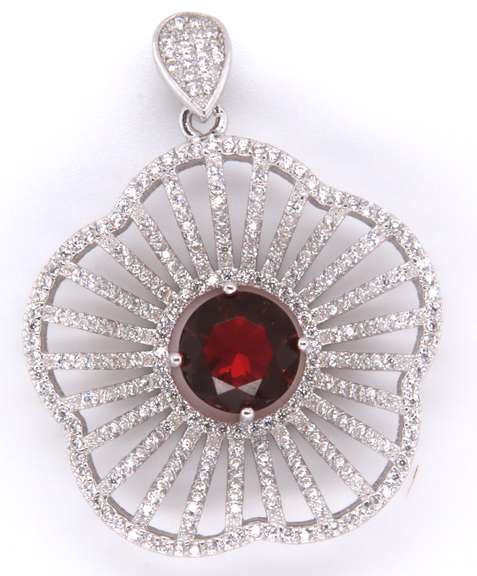 Voluminous Floral Sterling Silver Pendant with Red Core and Cubic Zirconias
