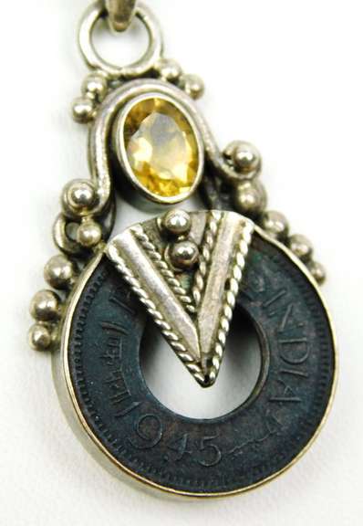 Sterling Citrine & 1945 India Coin Necklace