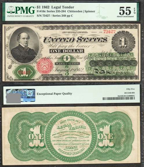 $1 1862 Legal Tender. Fr. 16c PMG About Unc 55EPQ