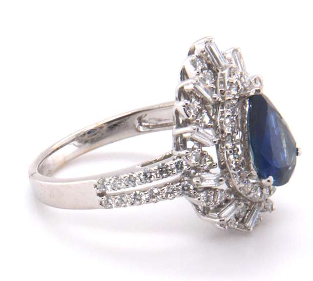 Impeccable Blue Sapphire and Diamond Halo Ring with 18k Stamped White Gold