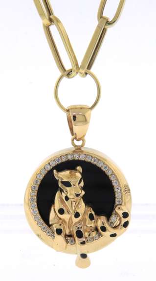 Lovely Yellow Gold Black Onyx Panther Pendant on Chain