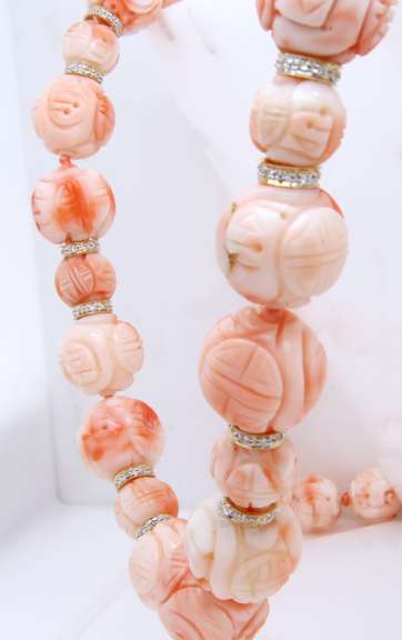 Significant Coral Carved w Diamond Station Necklace