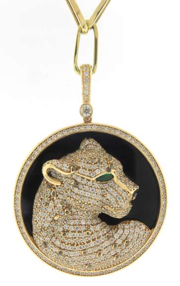 Phenomenal Handmade Italian Panther Necklace with 14k Gold Cable Chain and Pendant Rimmed with Cubic Zirconias and a Black Onyx Center