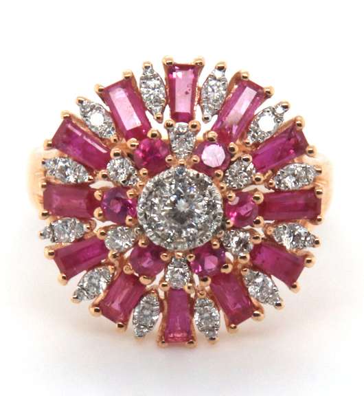 Stunning 18k Stamped Yellow Gold Diamond Halo Ring with Gorgeous Rubies