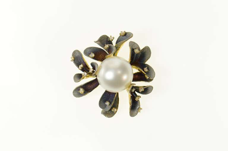 18K Yellow Gold JY Designer Pearl Enamel Diamond Flower Pendant