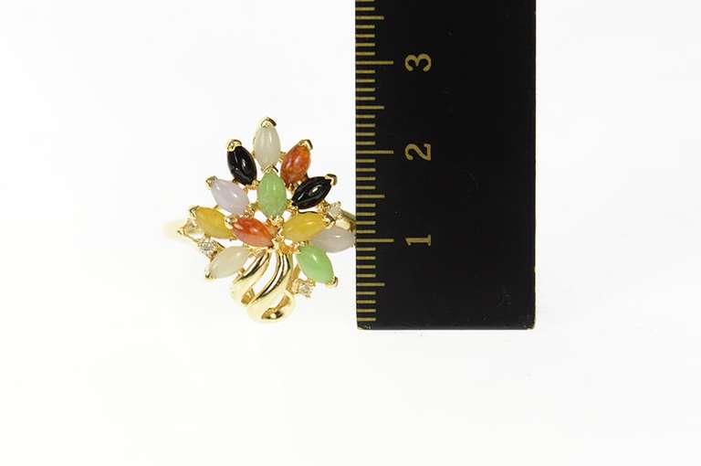 14K Yellow Gold Marquise Multi-Colored Jade Diamond Accent Ring