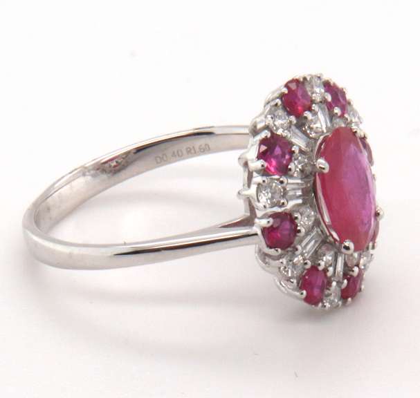 Incredibly Pure 18k Stamped White Gold Ruby Halo Ring with Diamonds