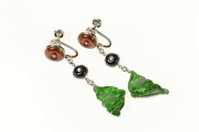 18K White Gold Jadeite Fish Diamond Dangle Screw Back Earrings