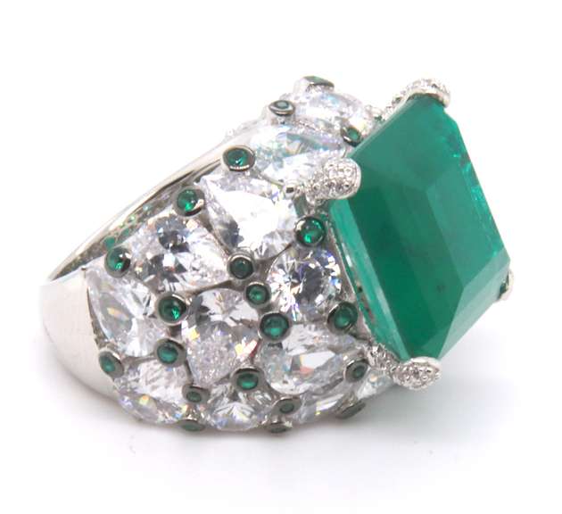 Green Emerald and CZ Sterling Silver Ring