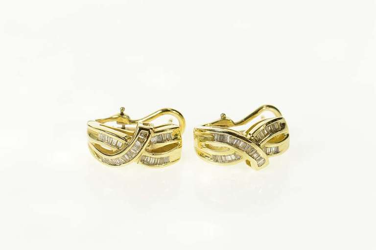 14K Yellow Gold Baguette Diamond Criss Cross French Clip Earrings