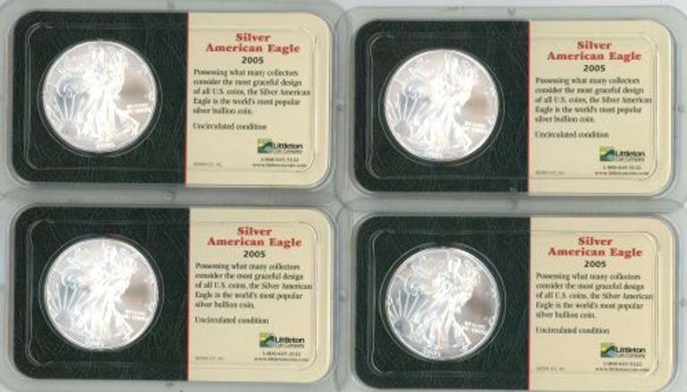 4 Better Superb Gem BU 2005 $1 Silver Eagles. Custom holders