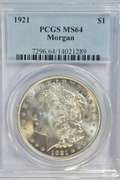 Nearly Gem BU 1921 Morgan Silver Dollar. PCGS MS64