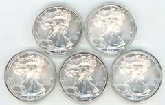 5 Superb Gem BU 2009 $1 Silver Eagles in custom capsules