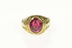 10K Yellow Gold Art Deco Syn. Ruby Masonic Compass Squared Ring