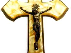 Large Vintage Brass & Celluloid Wall Crucifix