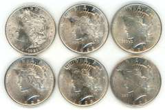 6 Choice BU 1921 to 1926 US Silver Dollars. Nice