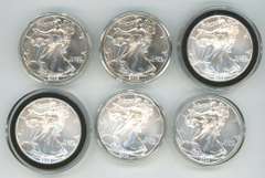6 Assorted Superb Gem BU $1 American Silver Eagles. Capsules