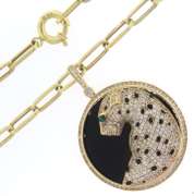 Enrapturing Handmade Italian 14k Gold Cable Chain Necklace with Onyx Pendant and Spotted Panther with Cubic Zirconias