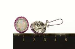 18K White Gold Oval Opal Diamond Ruby Halo Clip Back Earrings