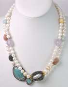 Decadent Pearl Necklace with Crystalized Turquoise, Mother of Pearl & Colorful Gemstones