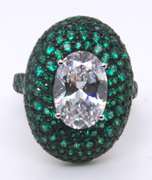 Sterling Silver Oval White and Green Cubic Zirconia Ring