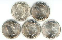 5 Choice BU 1921 to 1925 US Silver Dollars. Nice