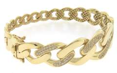 Feminine Handmade Italian 14k Gold Curb Chain Bangle Bracelet with Cubic Zirconias