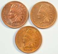 3 Diff Full Red CH BU Indian Head Cents: 1891, 1896, & 1897