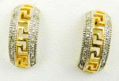 Sterling Greek Key & Diamonds Semi Hoop Earrings
