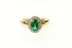 10K Yellow Gold Oval Syn. Emerald Diamond Halo Statement Ring