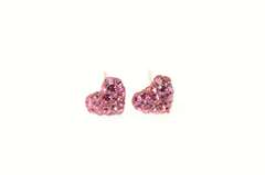 10K Yellow Gold Pave Pink Rhinestone Enamel Puffy Heart Earrings